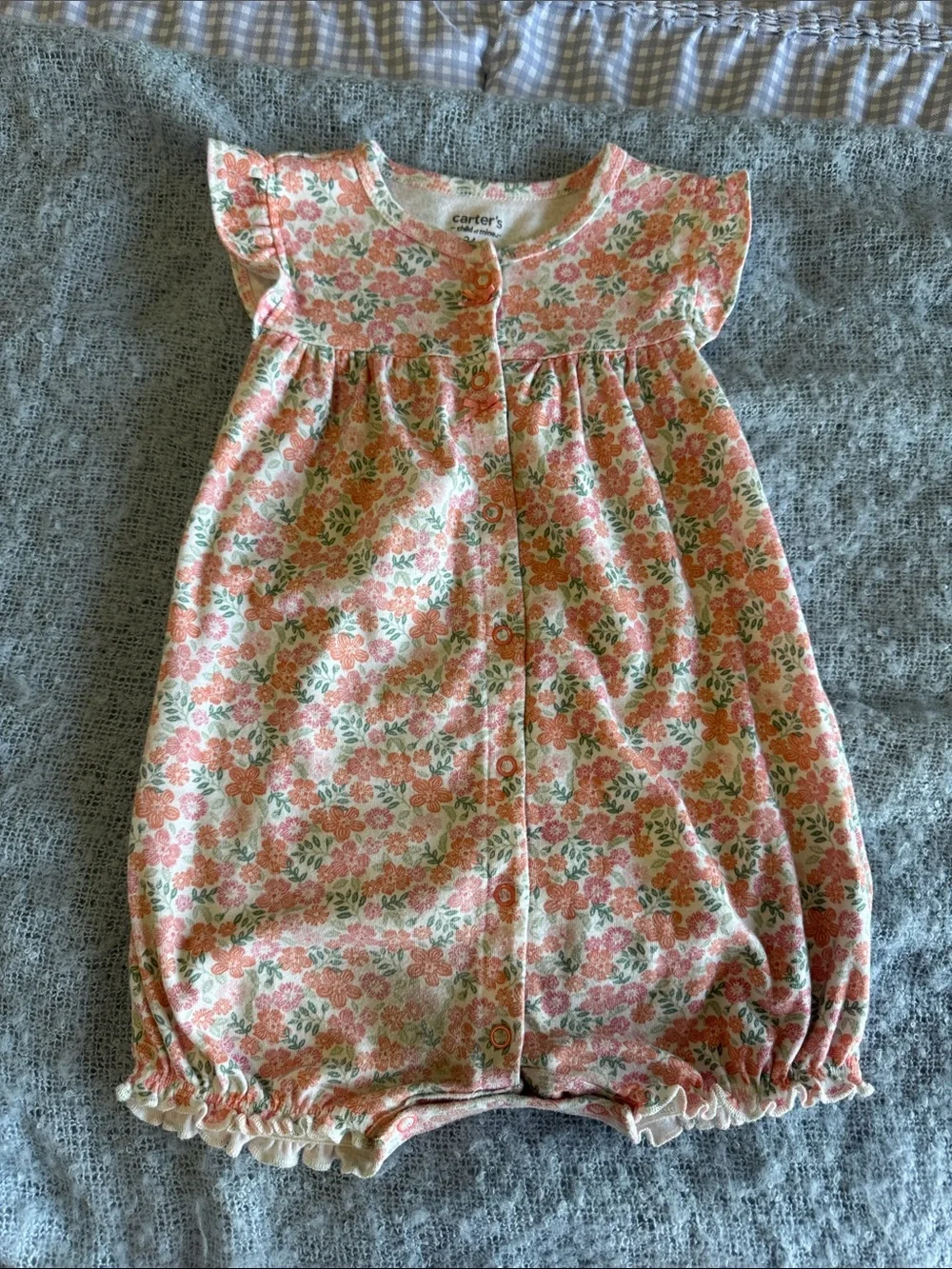 Carter's Coral Pink and Green Floral Cotton Baby One-Piece